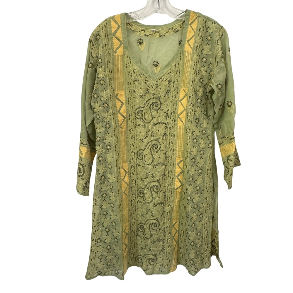 Chikankari Kurta Kurti Tunic Sage Green Yellow Embroidered Cotton Paisley Boho